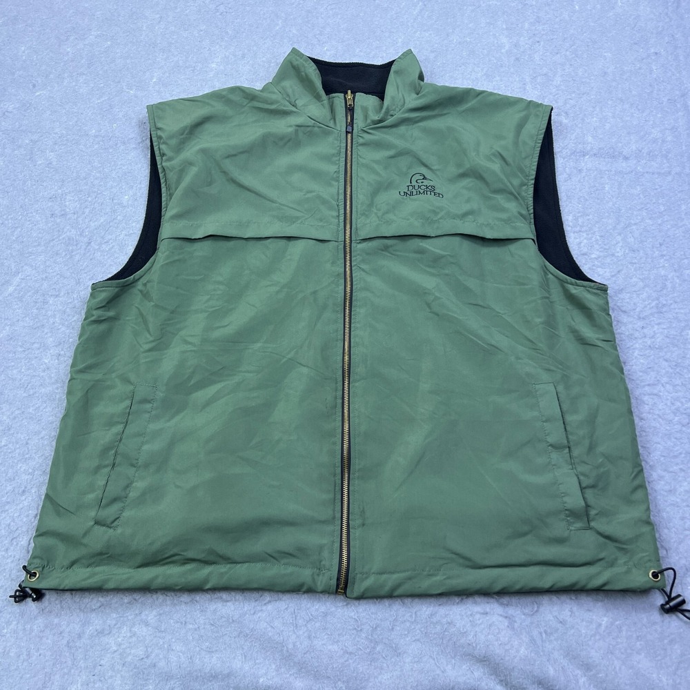 Ducks Unlimited Vest Mens 2X Reversible Green Black Fleece Vented Full Zip Cinch